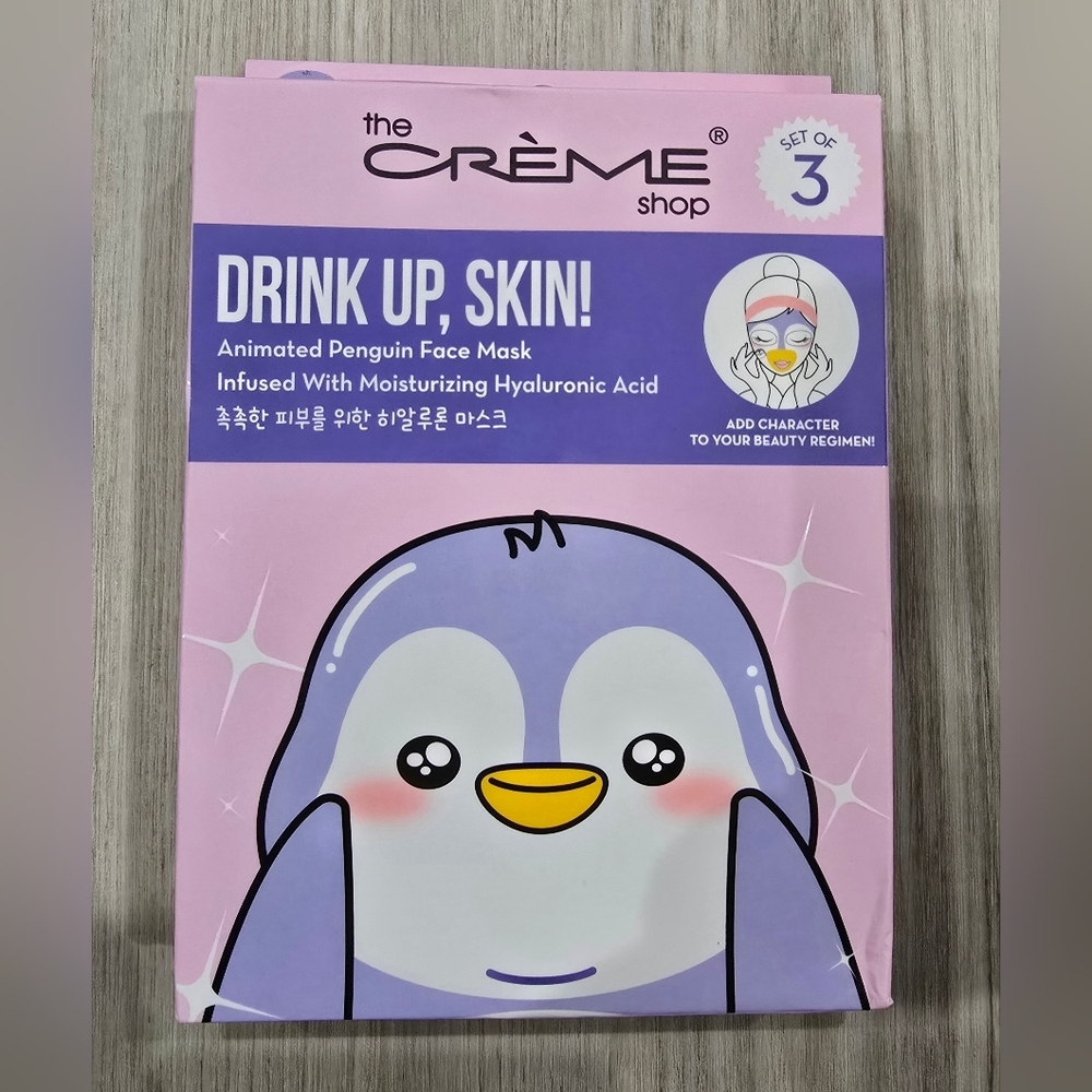 The Crème Shop Face Mask Drink Up Skin Hyaluronic Acid Penguin Korean Beauty 3x